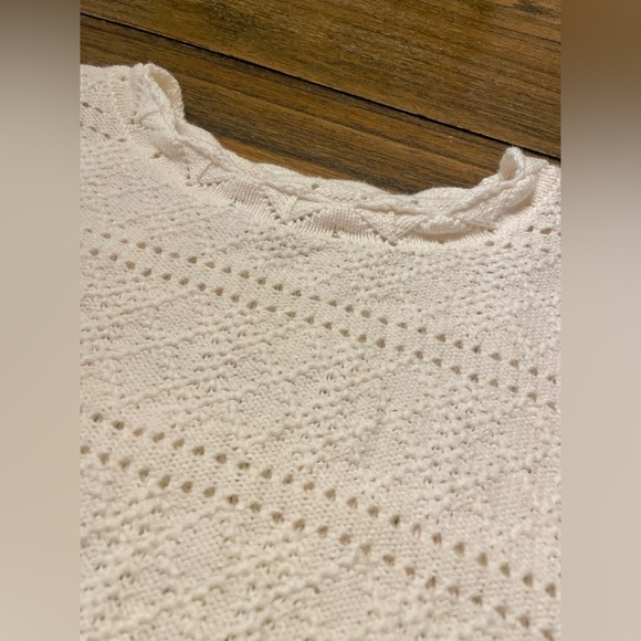 LOFT Dot Stripe Pointelle Ivory Cotton Sweater Size L Scalloped Detail Crewneck - Picture 4 of 9